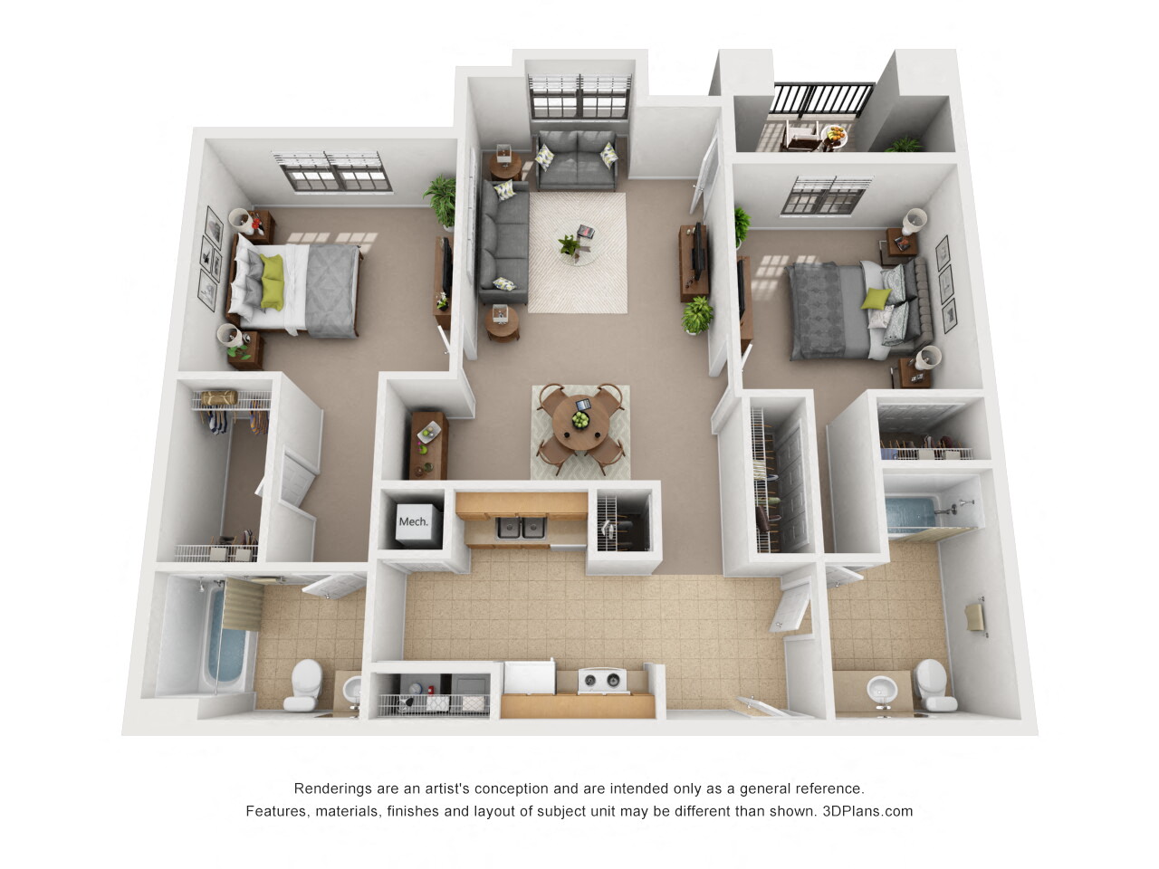 Floor plan for 2 beds, 2 baths, 1026 sqft